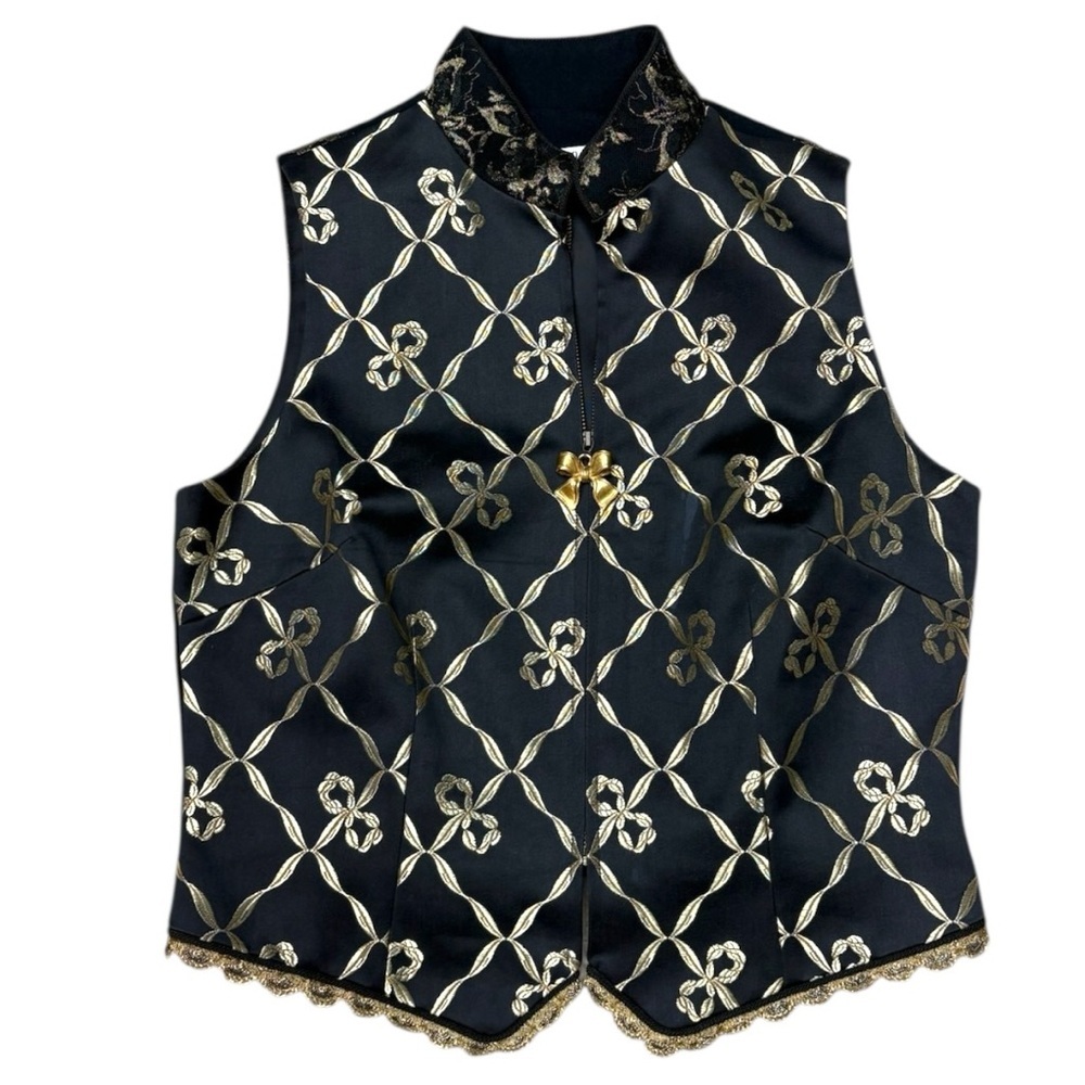 TAPP New York Black & Gold Embroidered Zip Vest Size Large Vintage 90s Glam